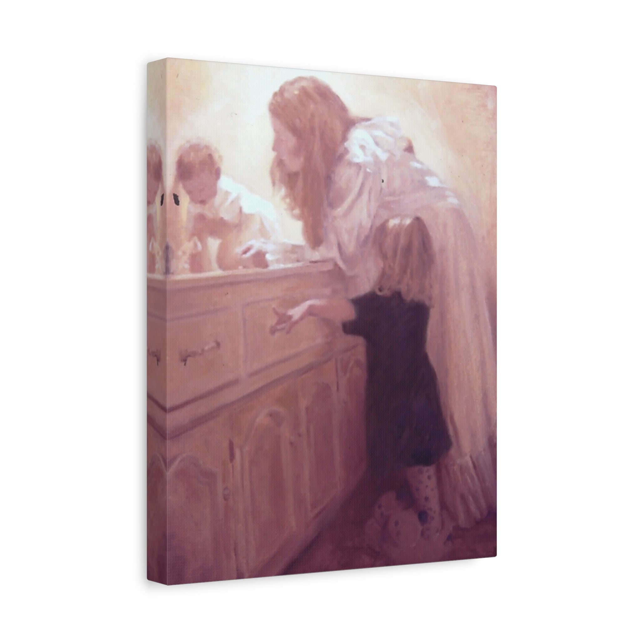 "Before Breakfast"   Mother and Children Matte Stretched Canvas Wall Art - Soft Nursery Print