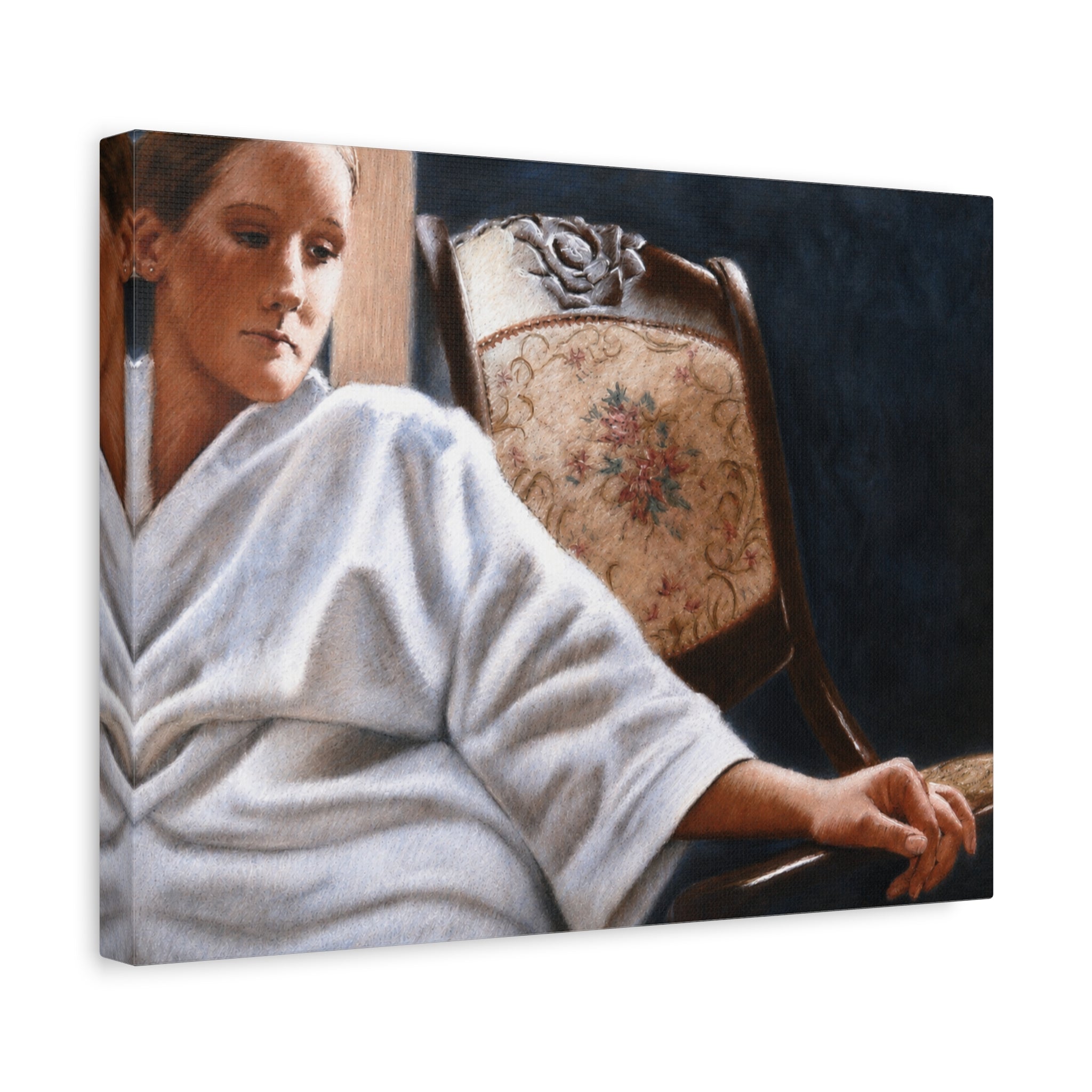 "The White Robe"   Matte Stretched Canvas Print — Serene Woman in Robe Artwork