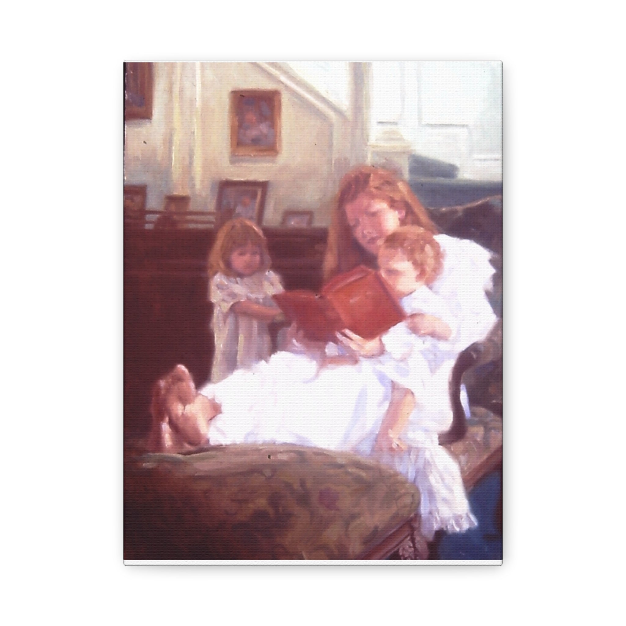 "Raise Up a Child..."  Family Reading Scene Canvas Wall Art – Mother Reading to Children