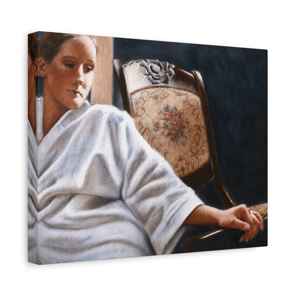 "The White Robe"   Matte Stretched Canvas Print — Serene Woman in Robe Artwork