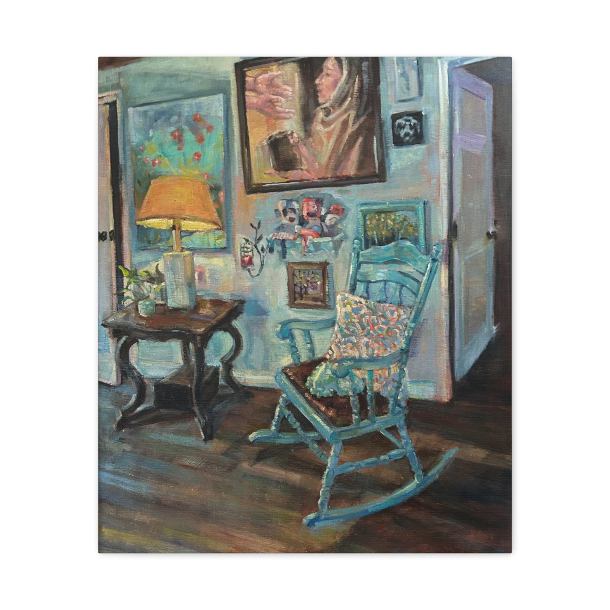 "When One Door Closes"    Cozy Blue Rocking Chair Matte Stretched Canvas