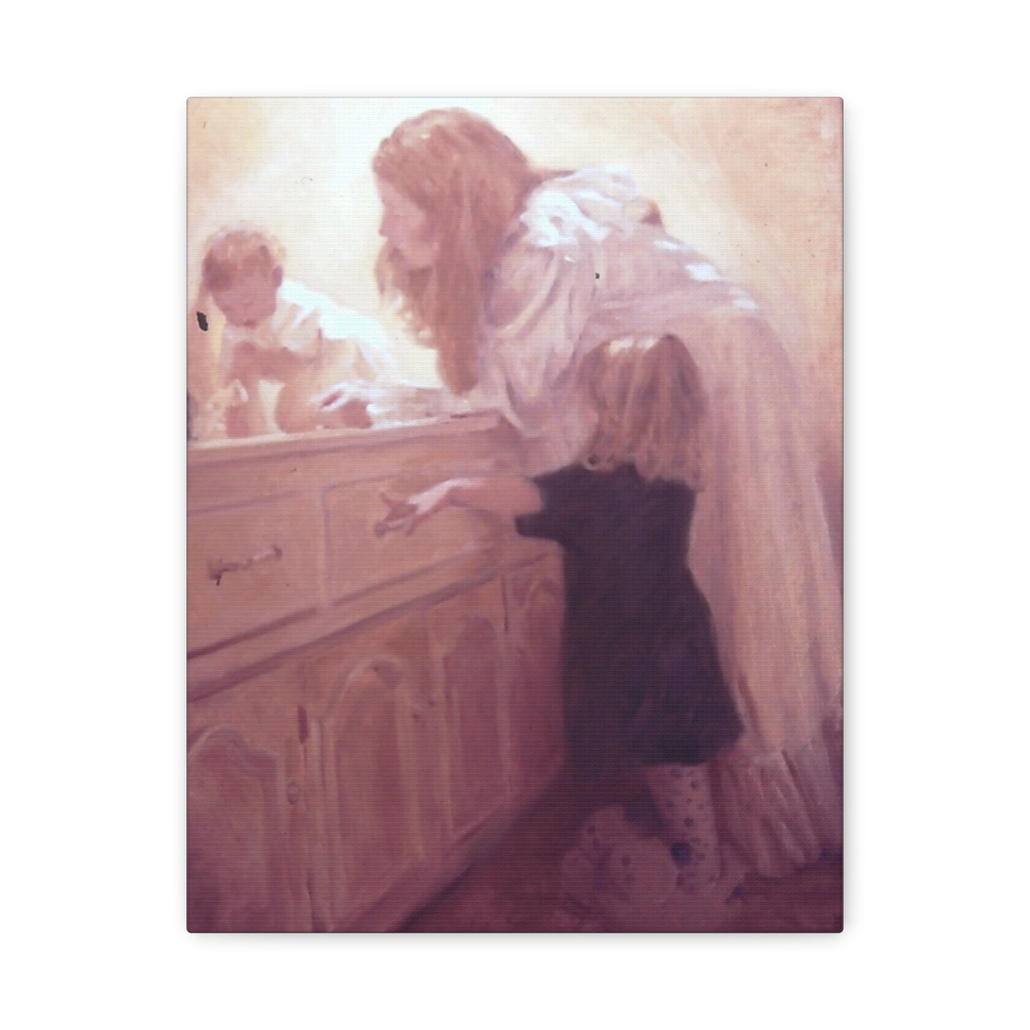 "Before Breakfast"   Mother and Children Matte Stretched Canvas Wall Art - Soft Nursery Print