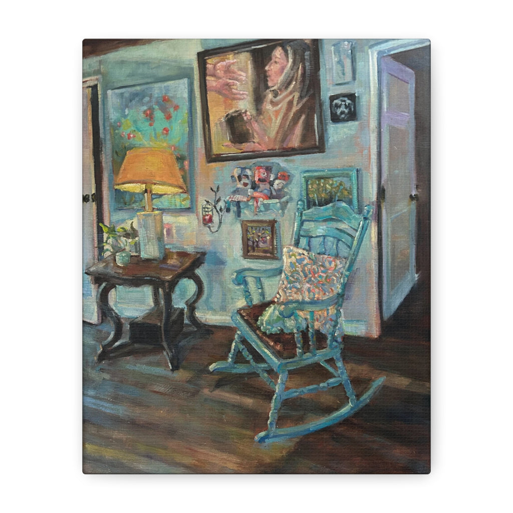 "When One Door Closes"    Cozy Blue Rocking Chair Matte Stretched Canvas