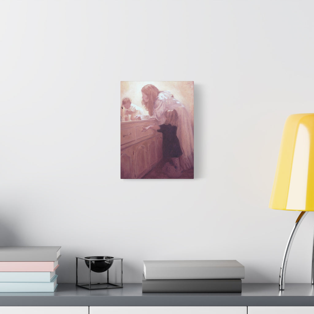 "Before Breakfast"   Mother and Children Matte Stretched Canvas Wall Art - Soft Nursery Print