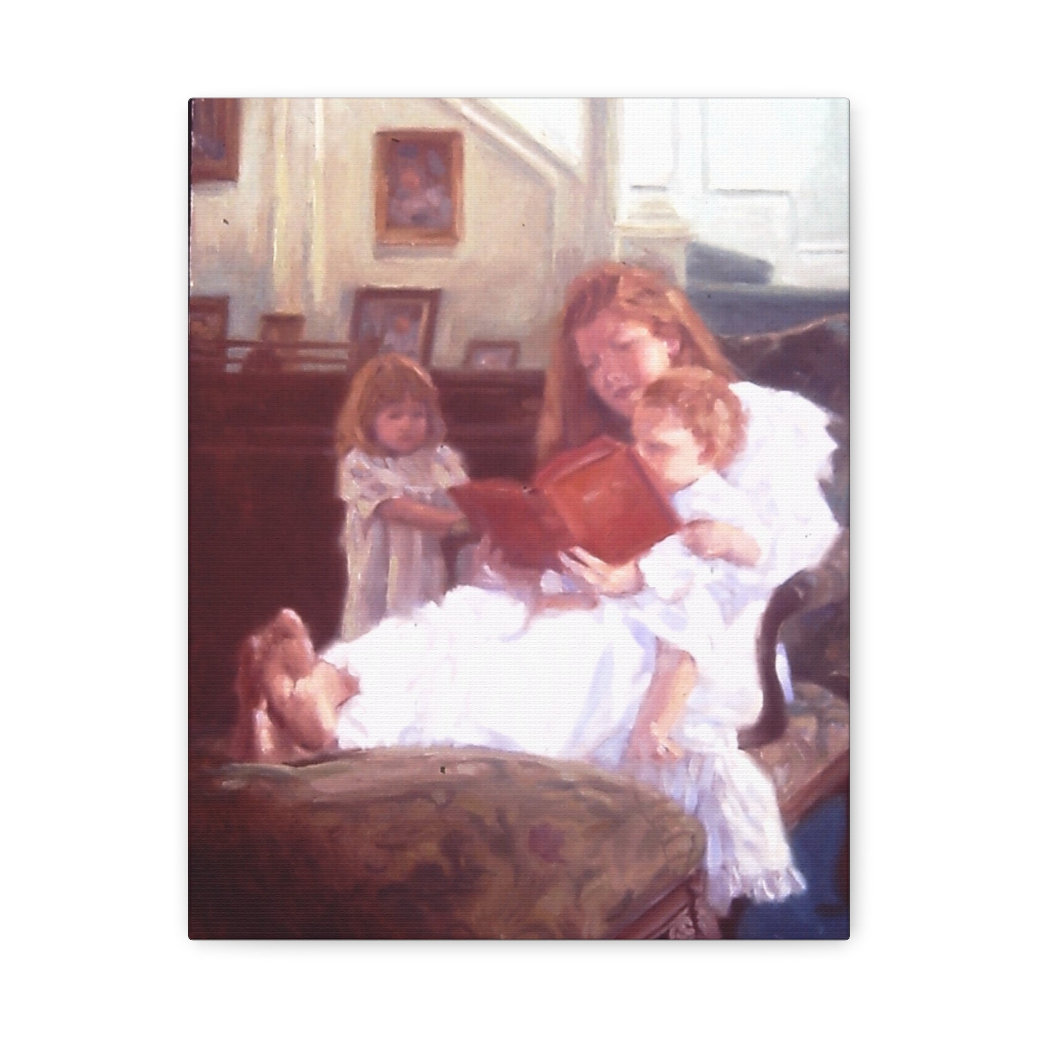 "Raise Up a Child..."  Family Reading Scene Canvas Wall Art – Mother Reading to Children
