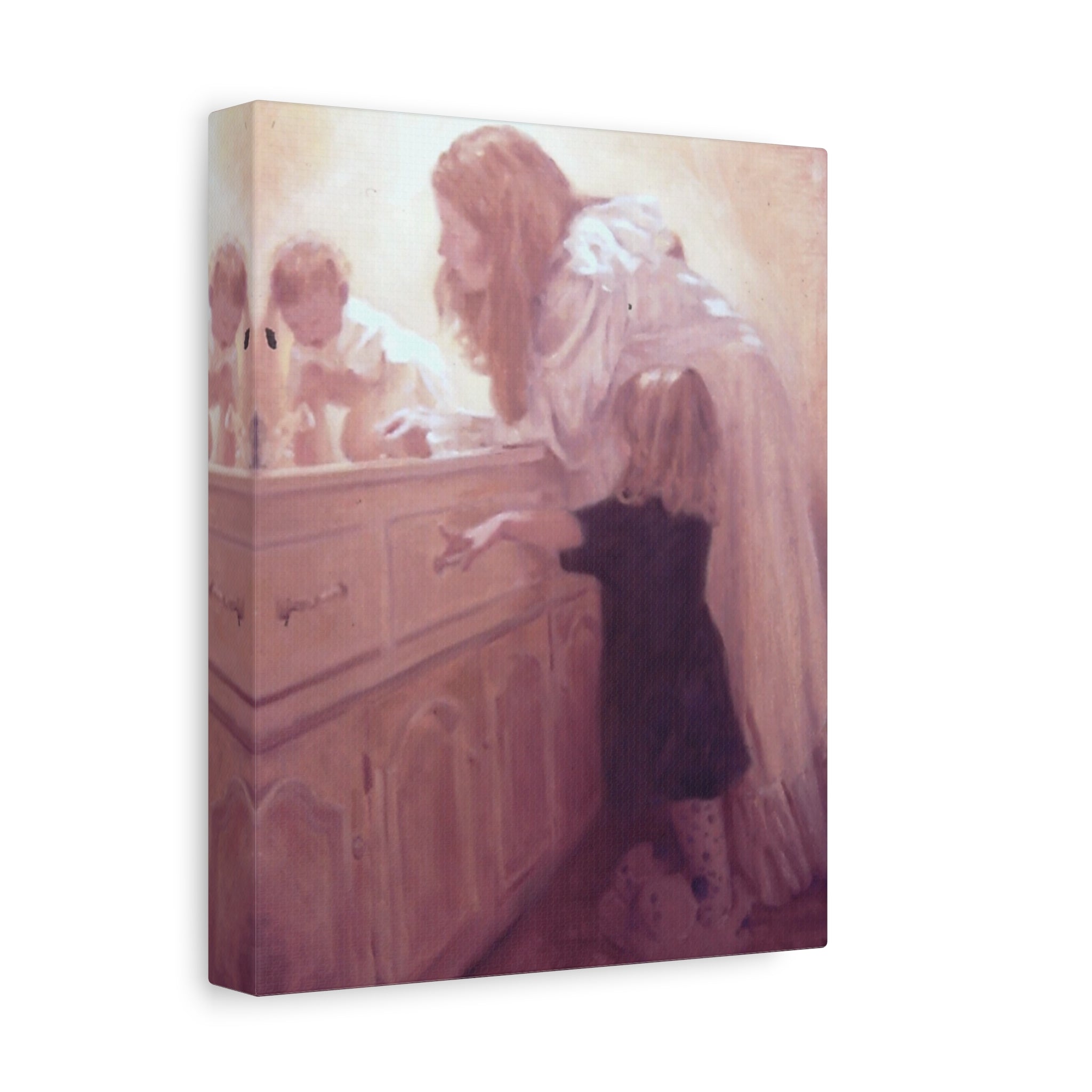 "Before Breakfast"   Mother and Children Matte Stretched Canvas Wall Art - Soft Nursery Print