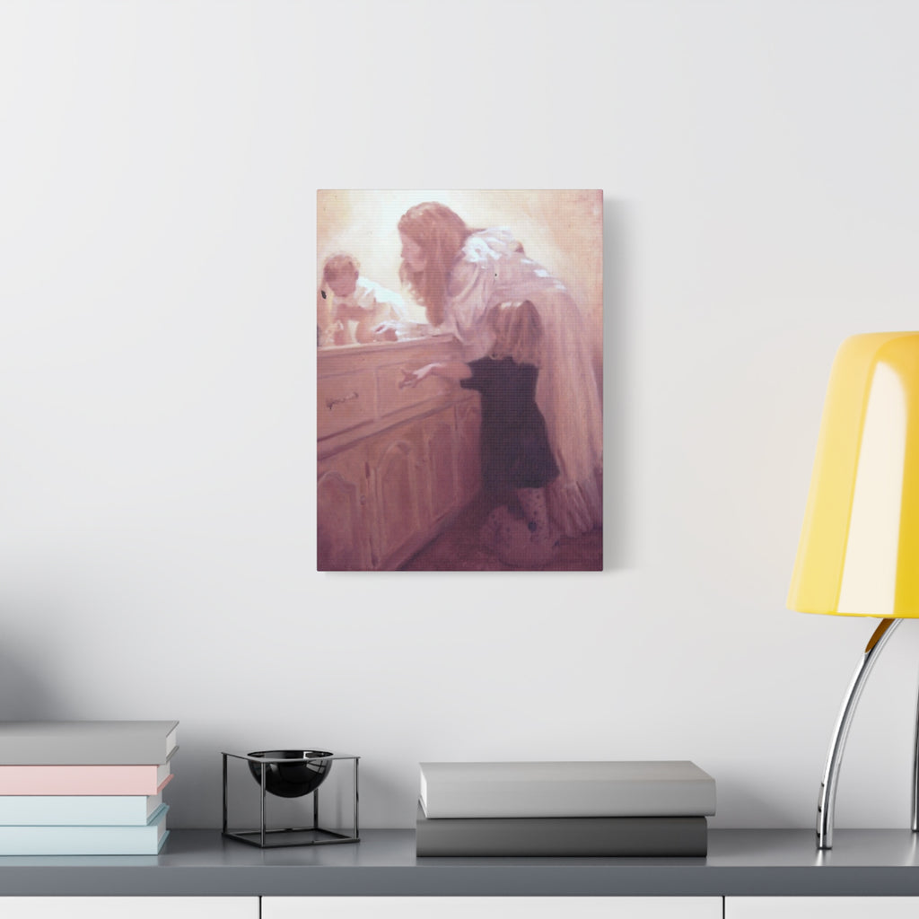"Before Breakfast"   Mother and Children Matte Stretched Canvas Wall Art - Soft Nursery Print