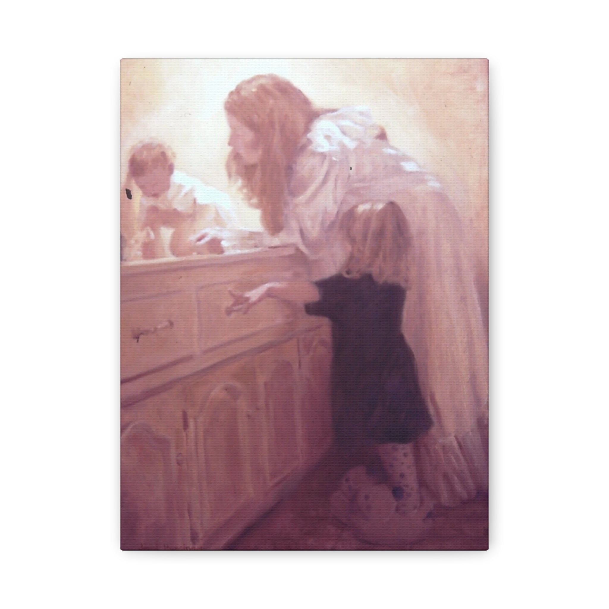 "Before Breakfast"   Mother and Children Matte Stretched Canvas Wall Art - Soft Nursery Print