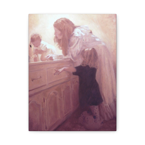 "Before Breakfast"   Mother and Children Matte Stretched Canvas Wall Art - Soft Nursery Print