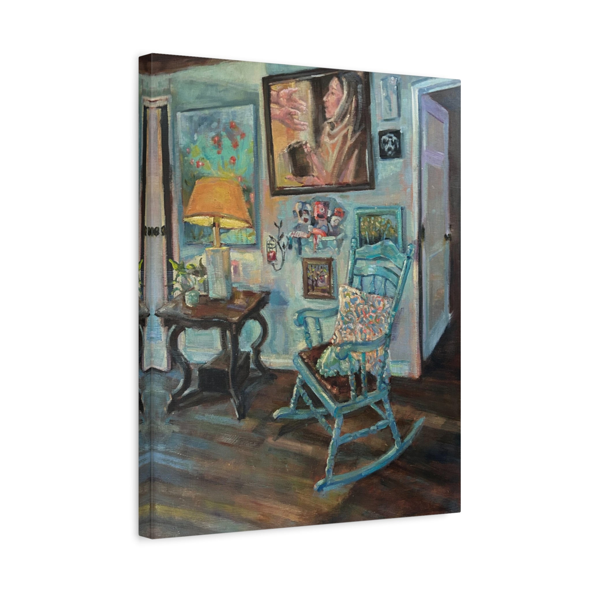 "When One Door Closes"    Cozy Blue Rocking Chair Matte Stretched Canvas