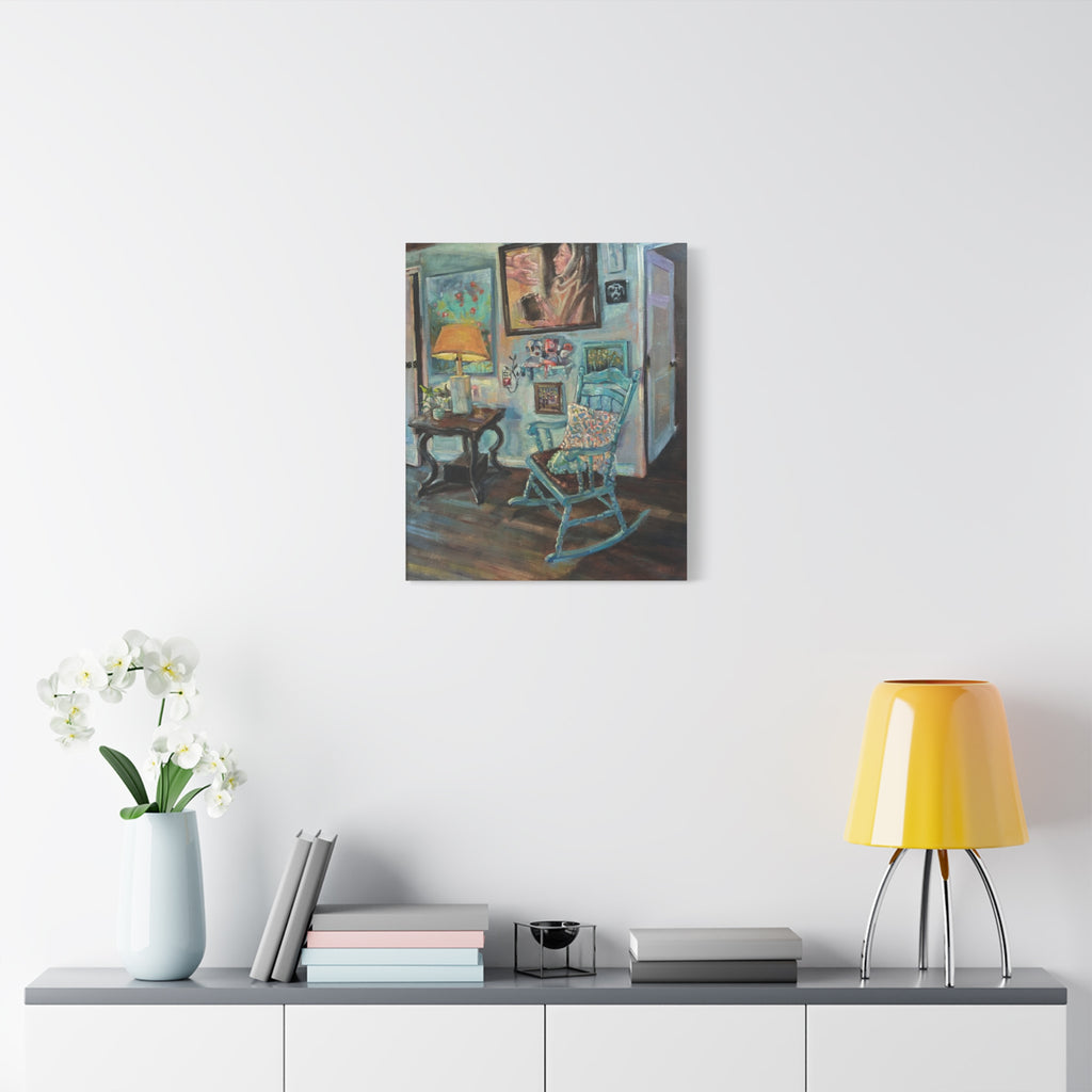 "When One Door Closes"    Cozy Blue Rocking Chair Matte Stretched Canvas