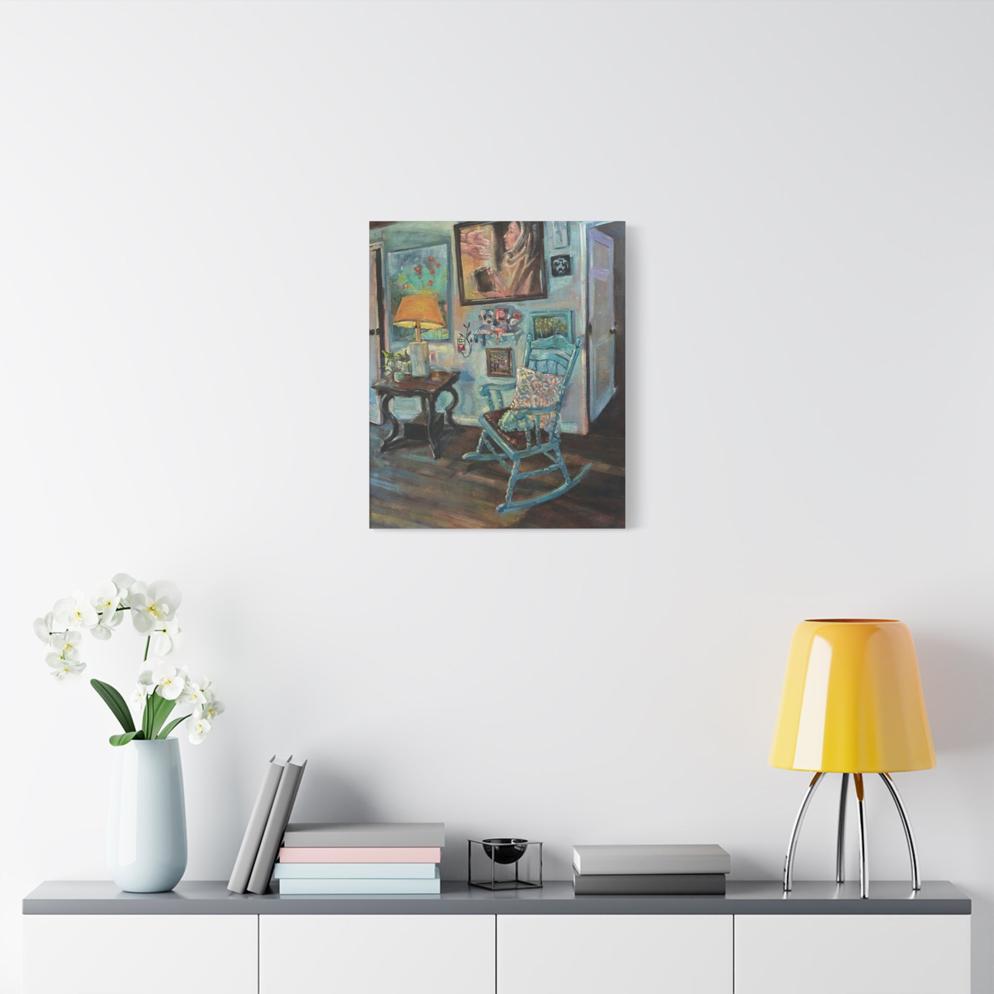 "When One Door Closes"    Cozy Blue Rocking Chair Matte Stretched Canvas