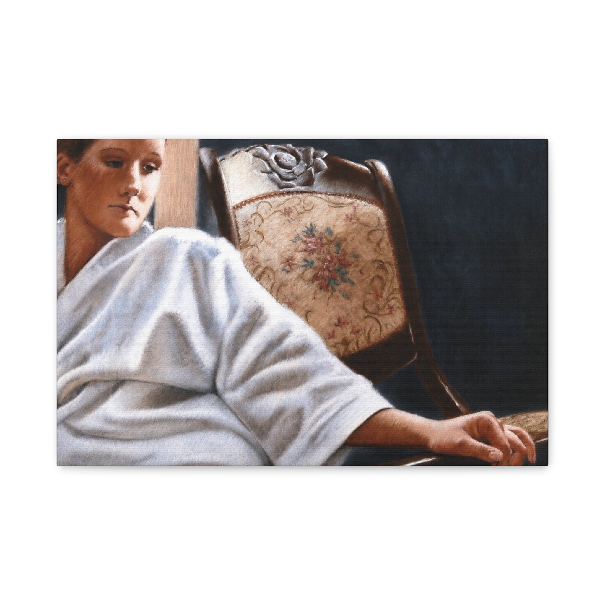"The White Robe"   Matte Stretched Canvas Print — Serene Woman in Robe Artwork