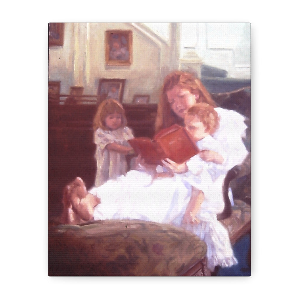 "Raise Up a Child..."  Family Reading Scene Canvas Wall Art – Mother Reading to Children