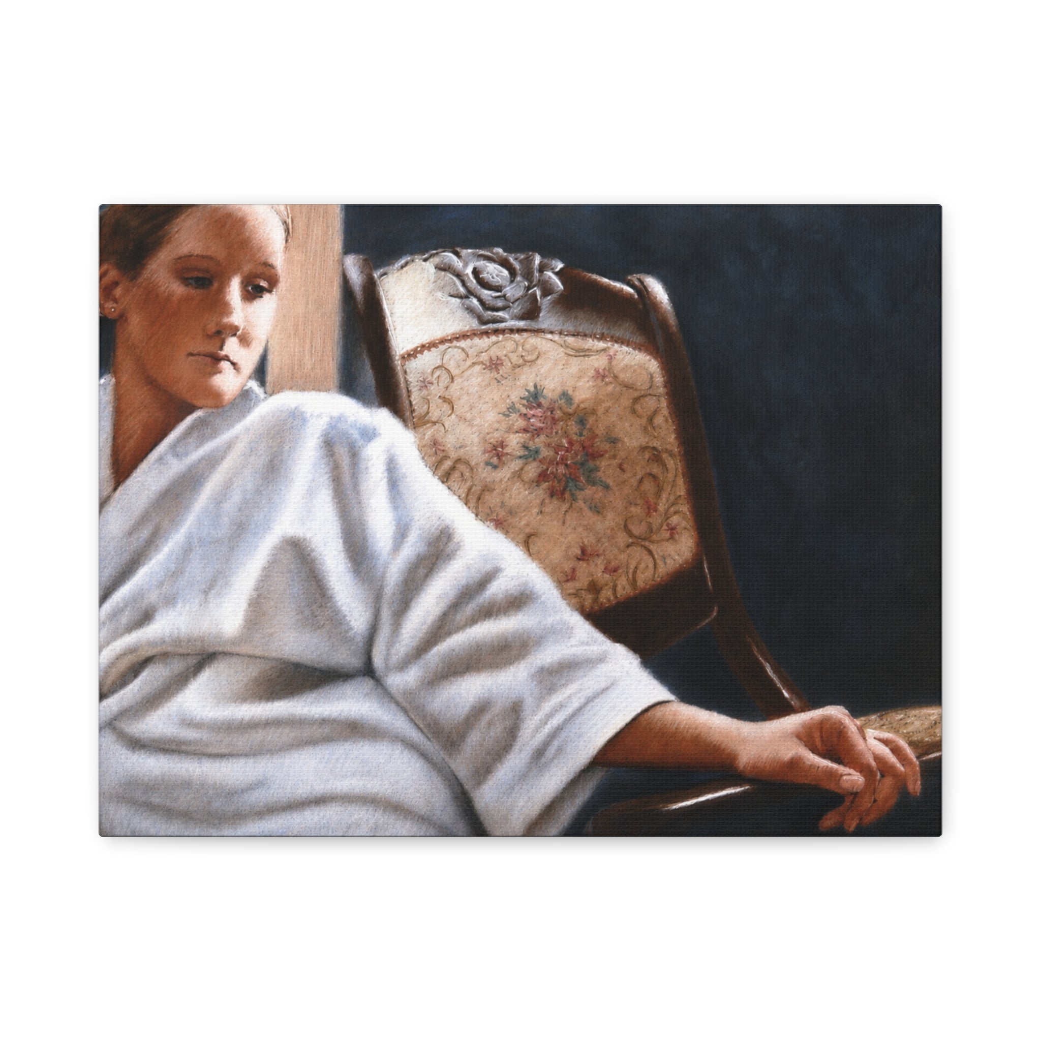 "The White Robe"   Matte Stretched Canvas Print — Serene Woman in Robe Artwork