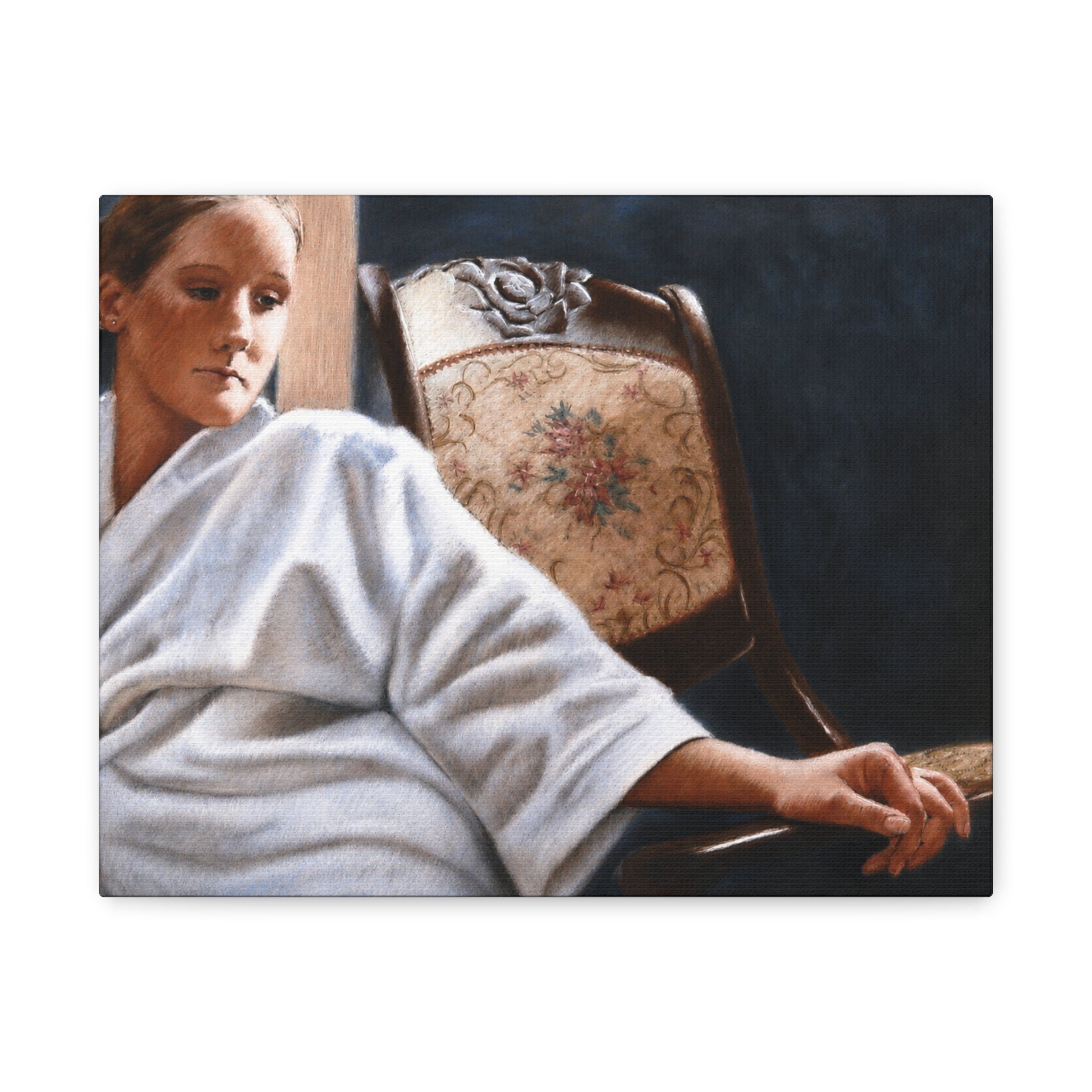"The White Robe"   Matte Stretched Canvas Print — Serene Woman in Robe Artwork