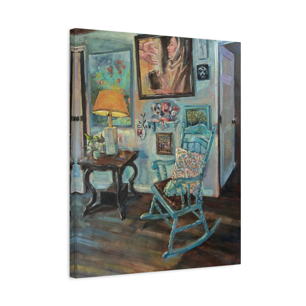 "When One Door Closes"    Cozy Blue Rocking Chair Matte Stretched Canvas