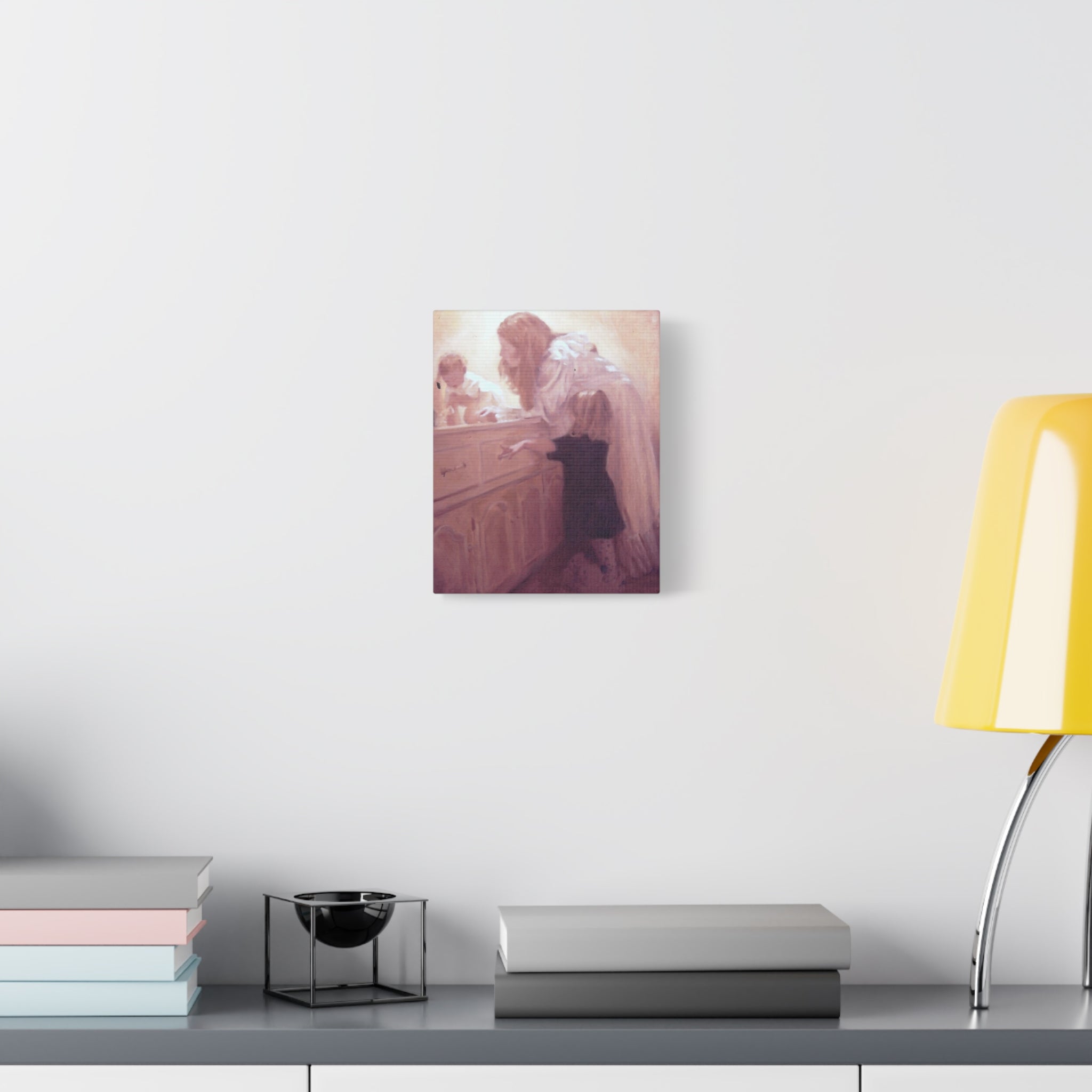 "Before Breakfast"   Mother and Children Matte Stretched Canvas Wall Art - Soft Nursery Print