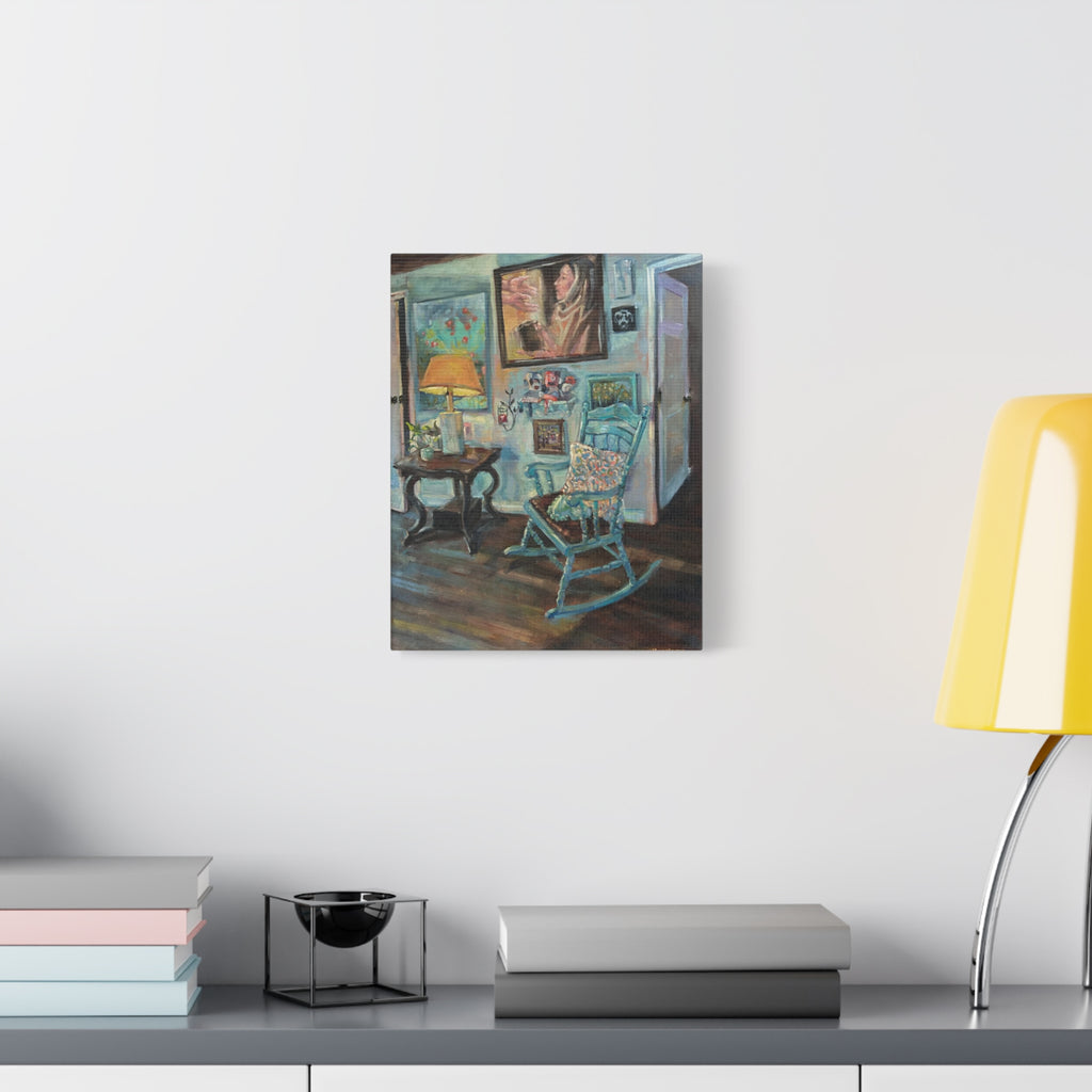 "When One Door Closes"    Cozy Blue Rocking Chair Matte Stretched Canvas