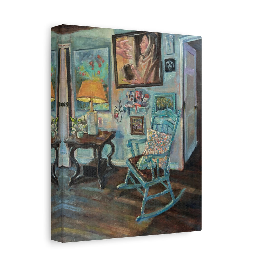 "When One Door Closes"    Cozy Blue Rocking Chair Matte Stretched Canvas