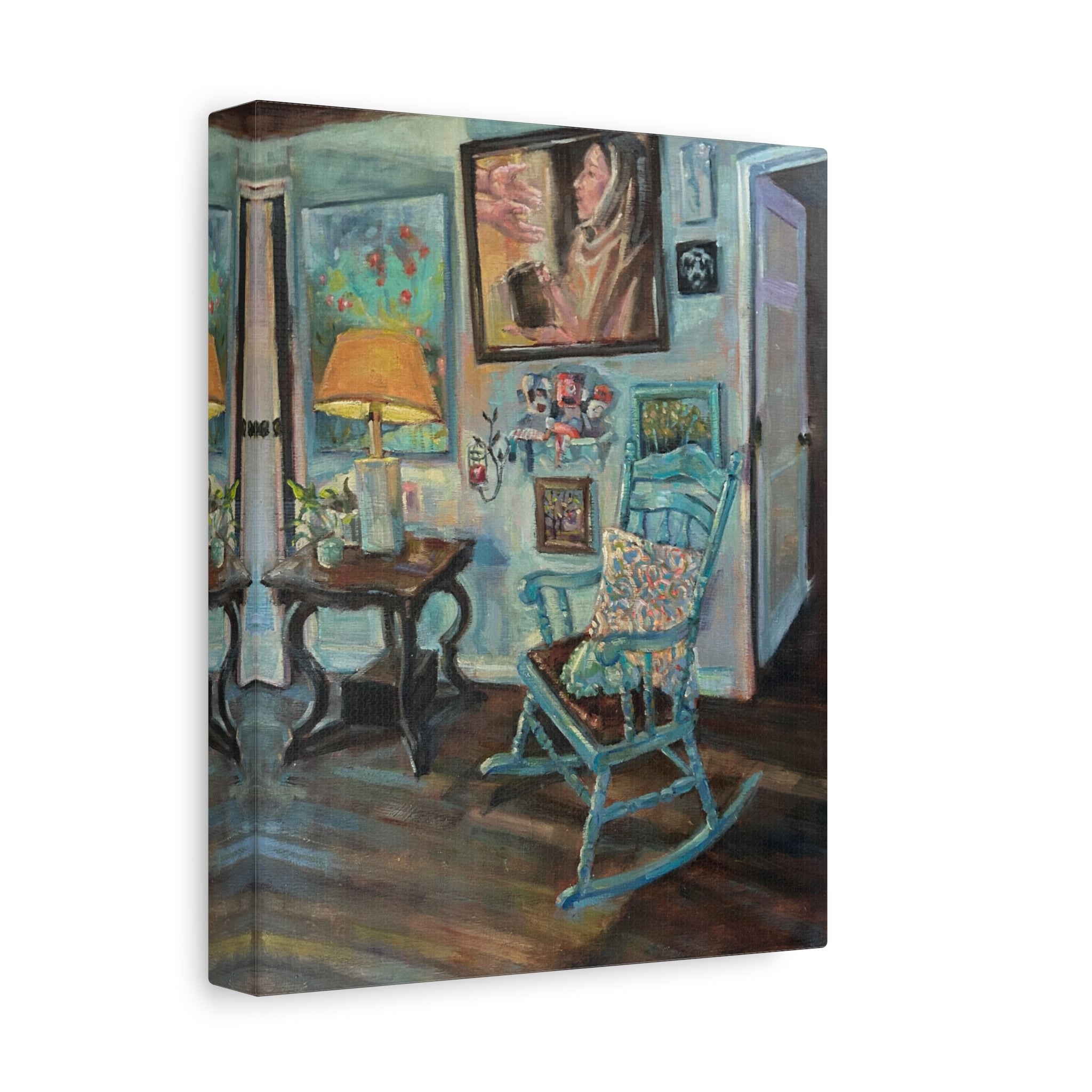 "When One Door Closes"    Cozy Blue Rocking Chair Matte Stretched Canvas