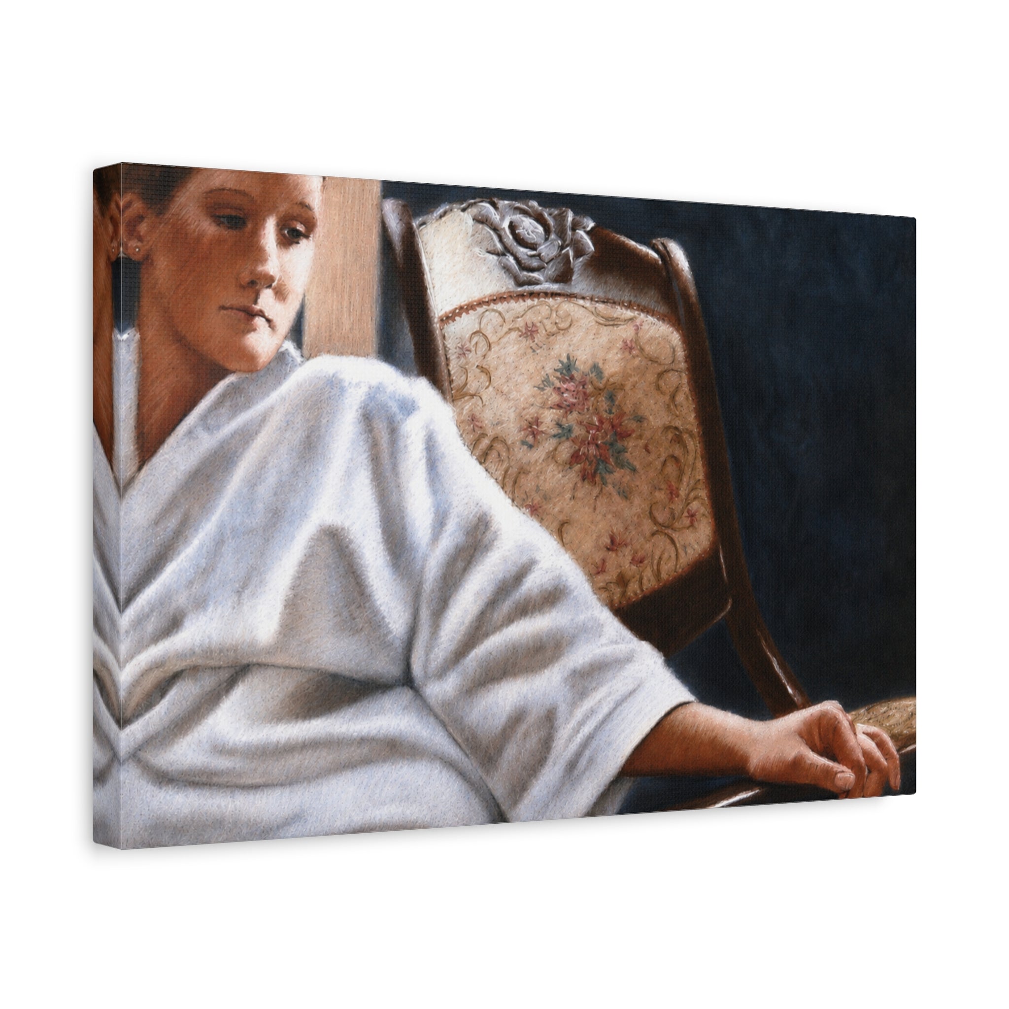 "The White Robe"   Matte Stretched Canvas Print — Serene Woman in Robe Artwork