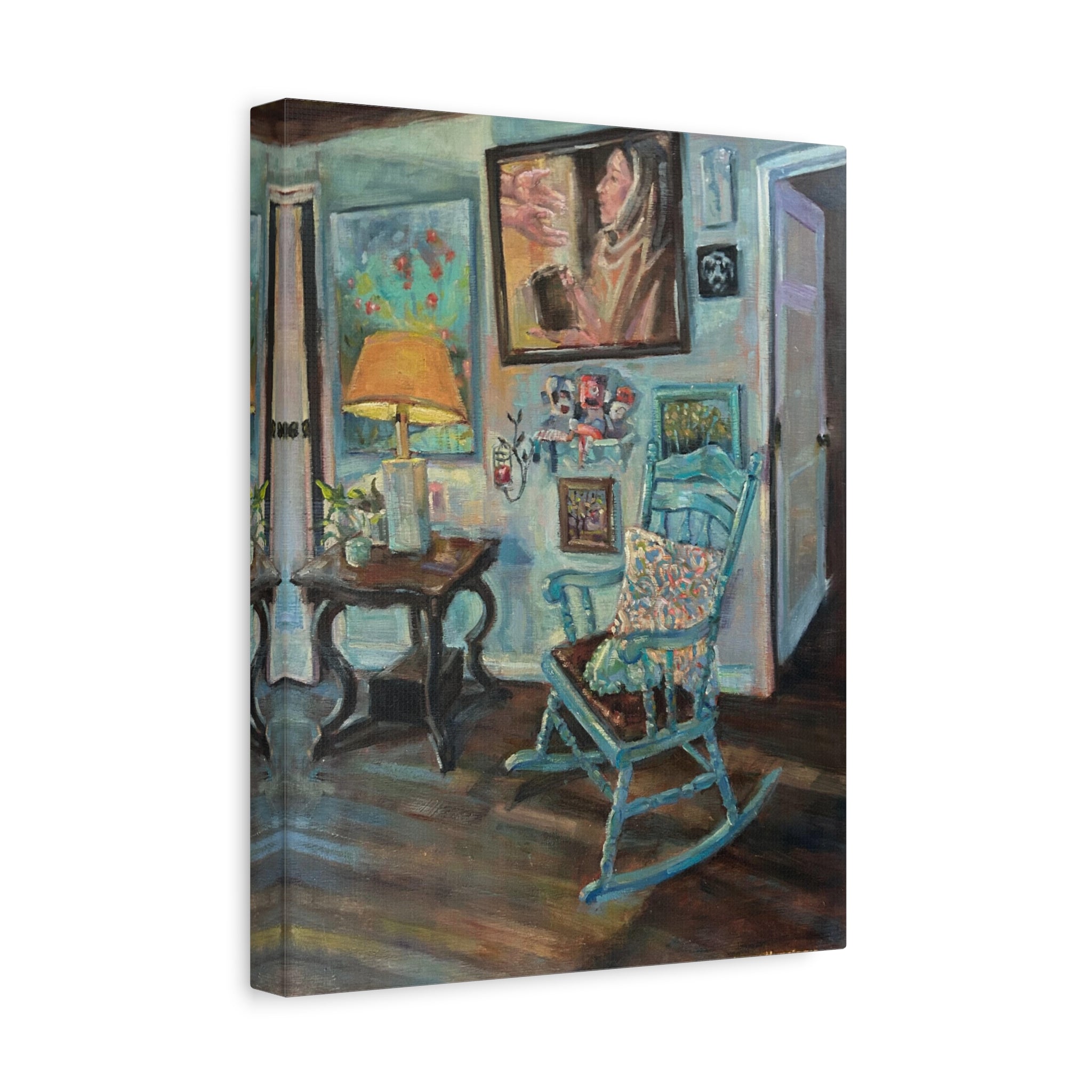 "When One Door Closes"    Cozy Blue Rocking Chair Matte Stretched Canvas