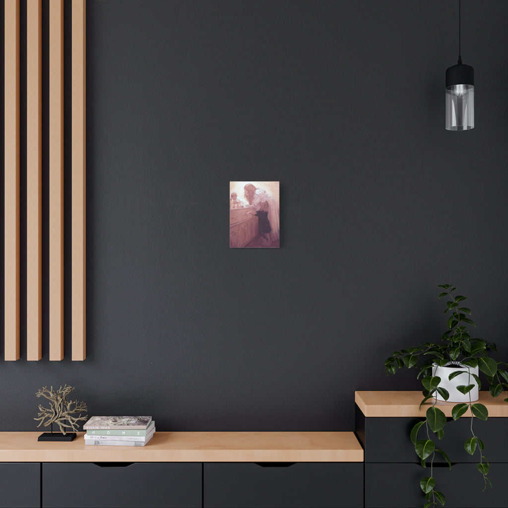 "Before Breakfast"   Mother and Children Matte Stretched Canvas Wall Art - Soft Nursery Print