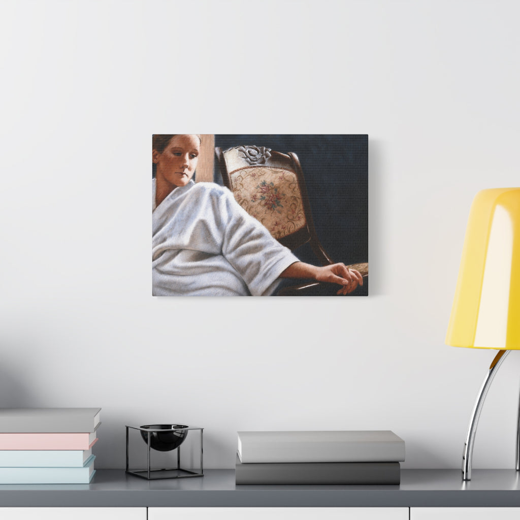 "The White Robe"   Matte Stretched Canvas Print — Serene Woman in Robe Artwork