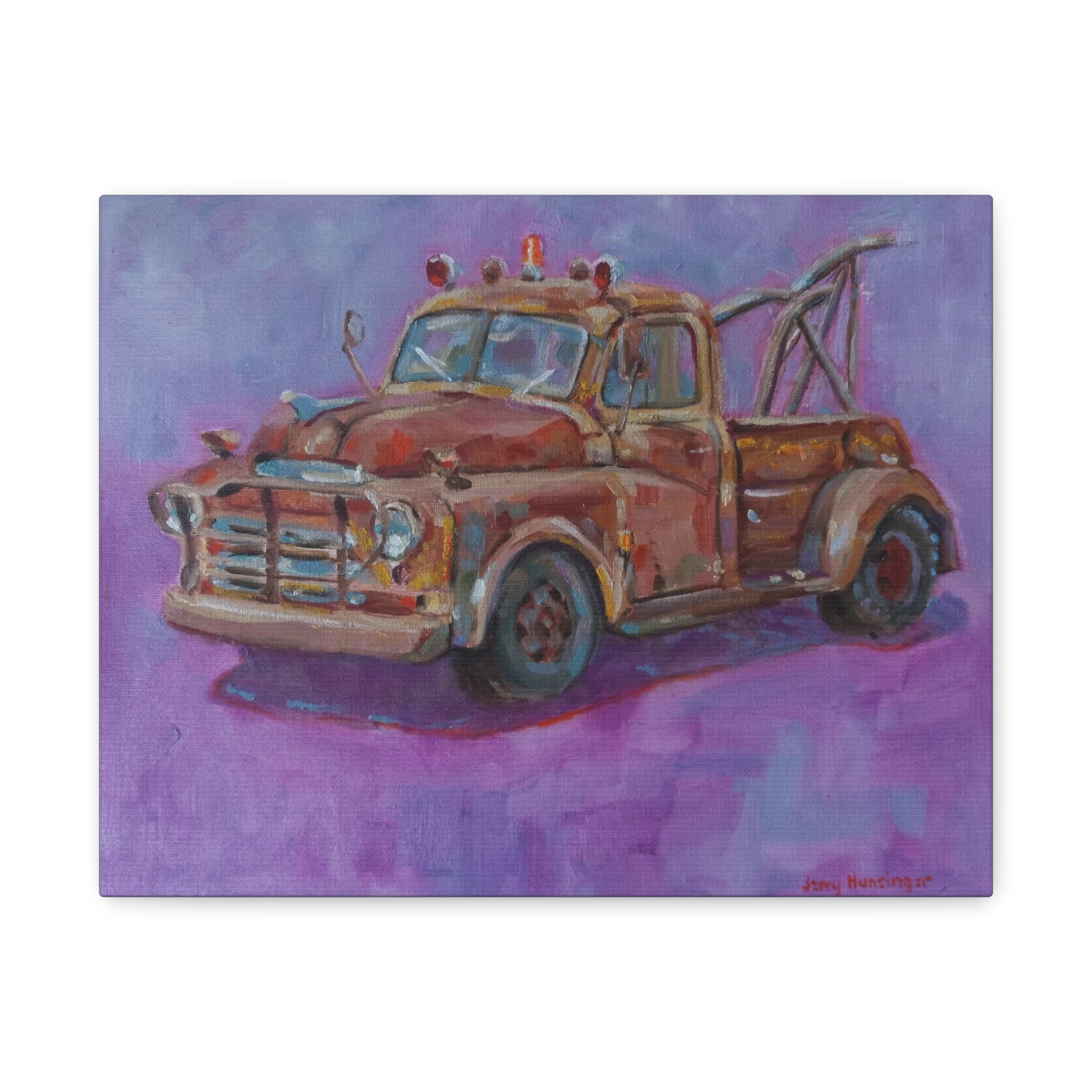"Rusty Pickup"       Vintage Tow Truck Canvas Wall Art — Rustic Red Truck Painting on Matte Stretched Canvas