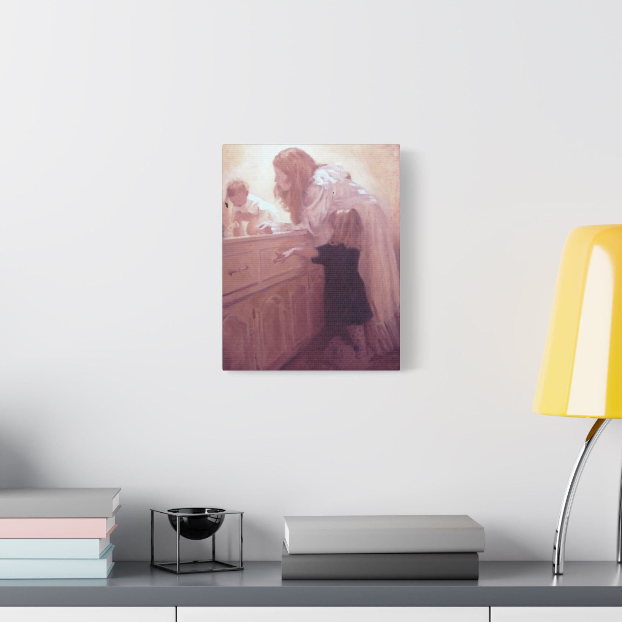 "Before Breakfast"   Mother and Children Matte Stretched Canvas Wall Art - Soft Nursery Print