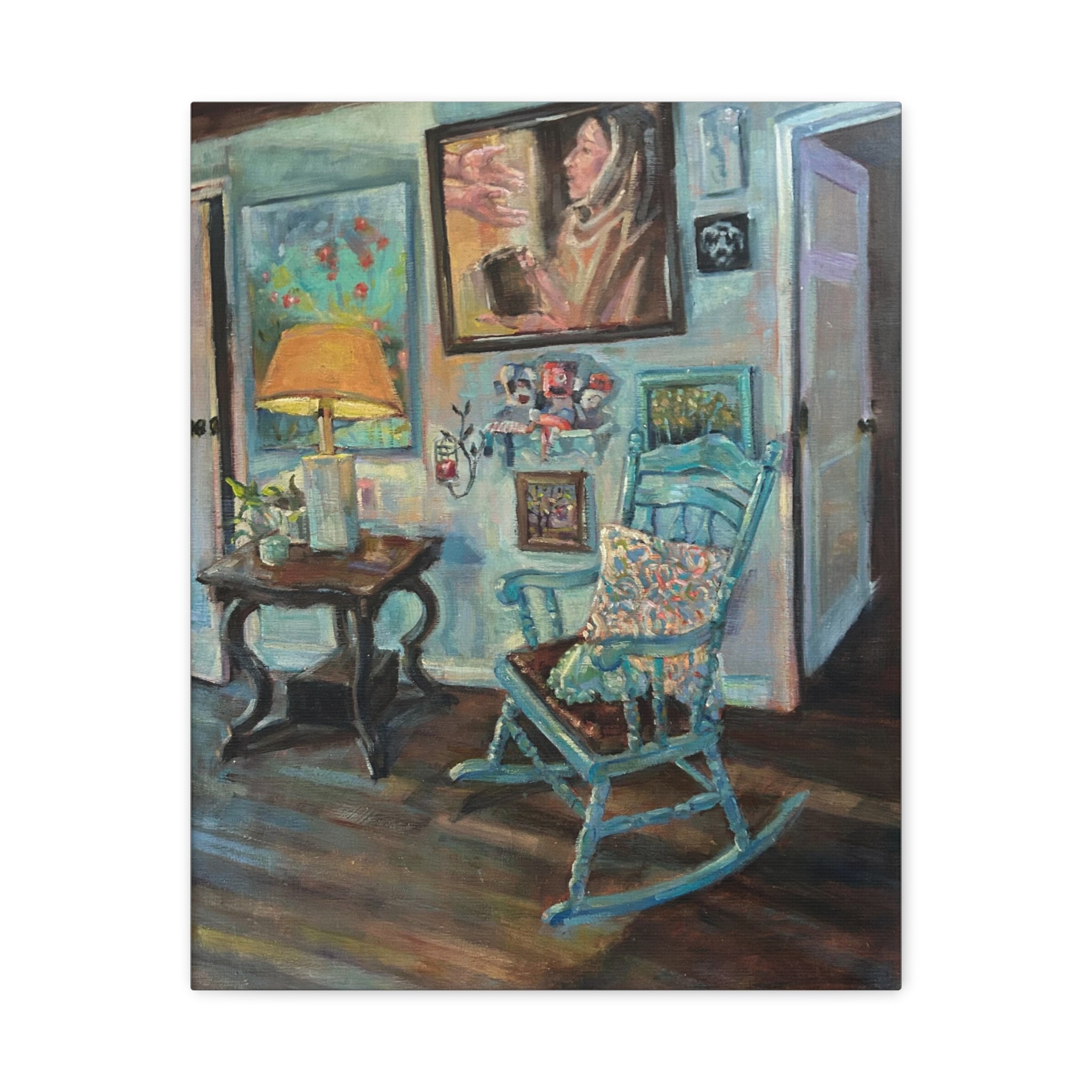 "When One Door Closes"    Cozy Blue Rocking Chair Matte Stretched Canvas