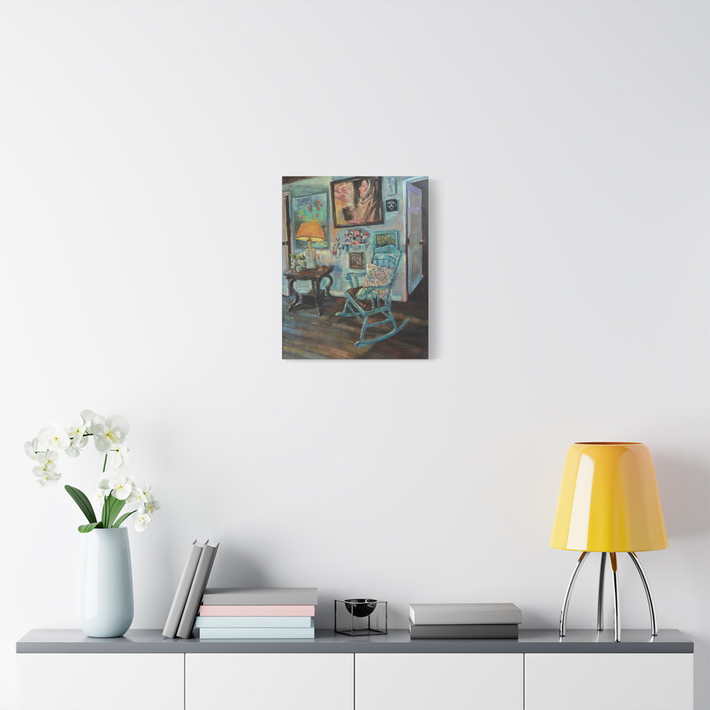 "When One Door Closes"    Cozy Blue Rocking Chair Matte Stretched Canvas