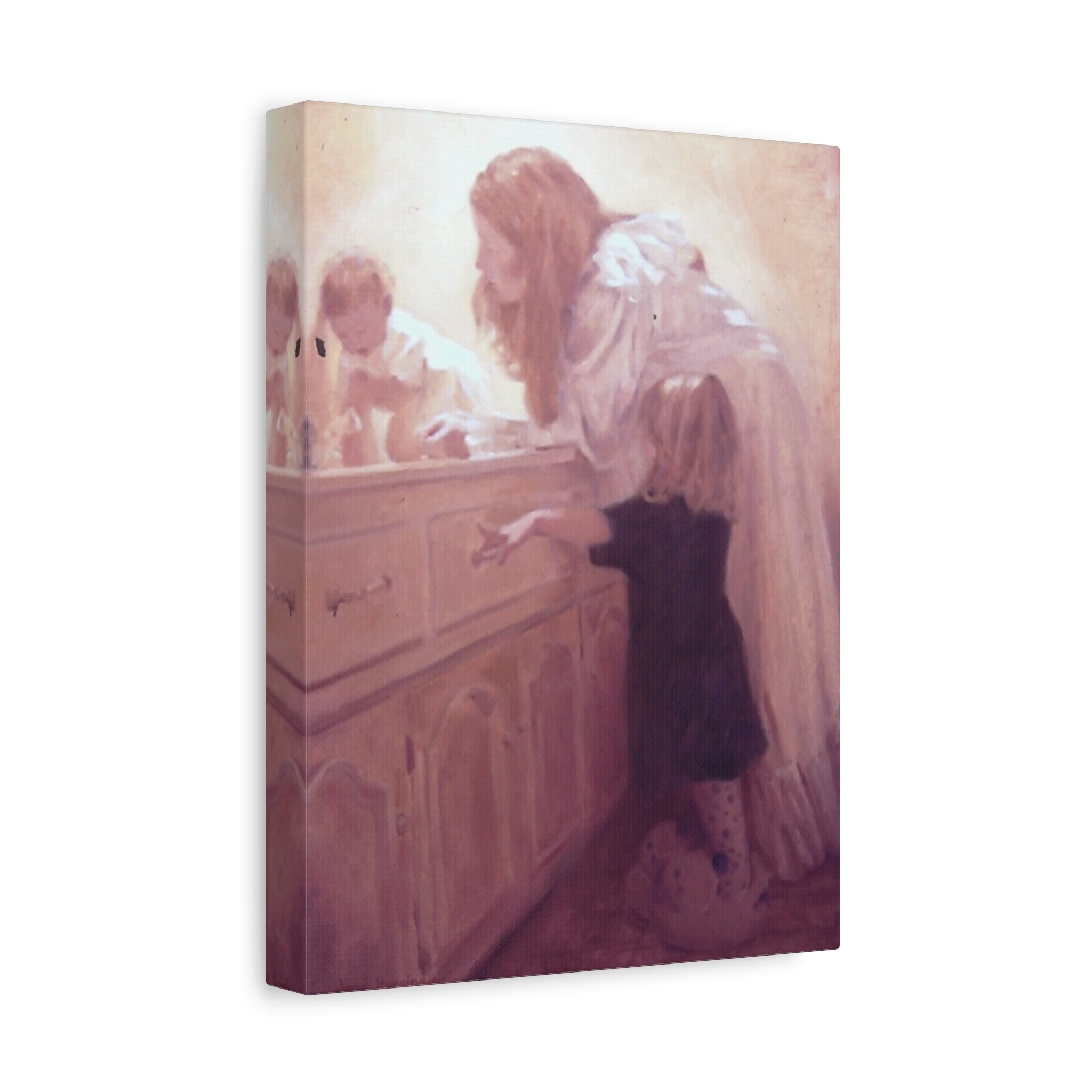 "Before Breakfast"   Mother and Children Matte Stretched Canvas Wall Art - Soft Nursery Print