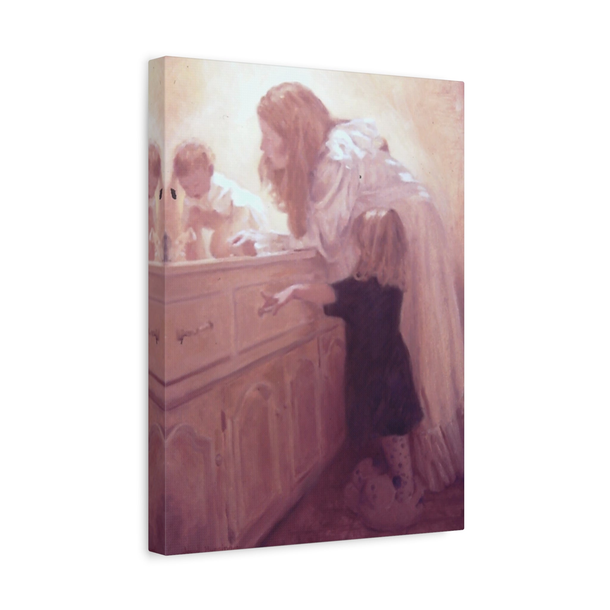 "Before Breakfast"   Mother and Children Matte Stretched Canvas Wall Art - Soft Nursery Print