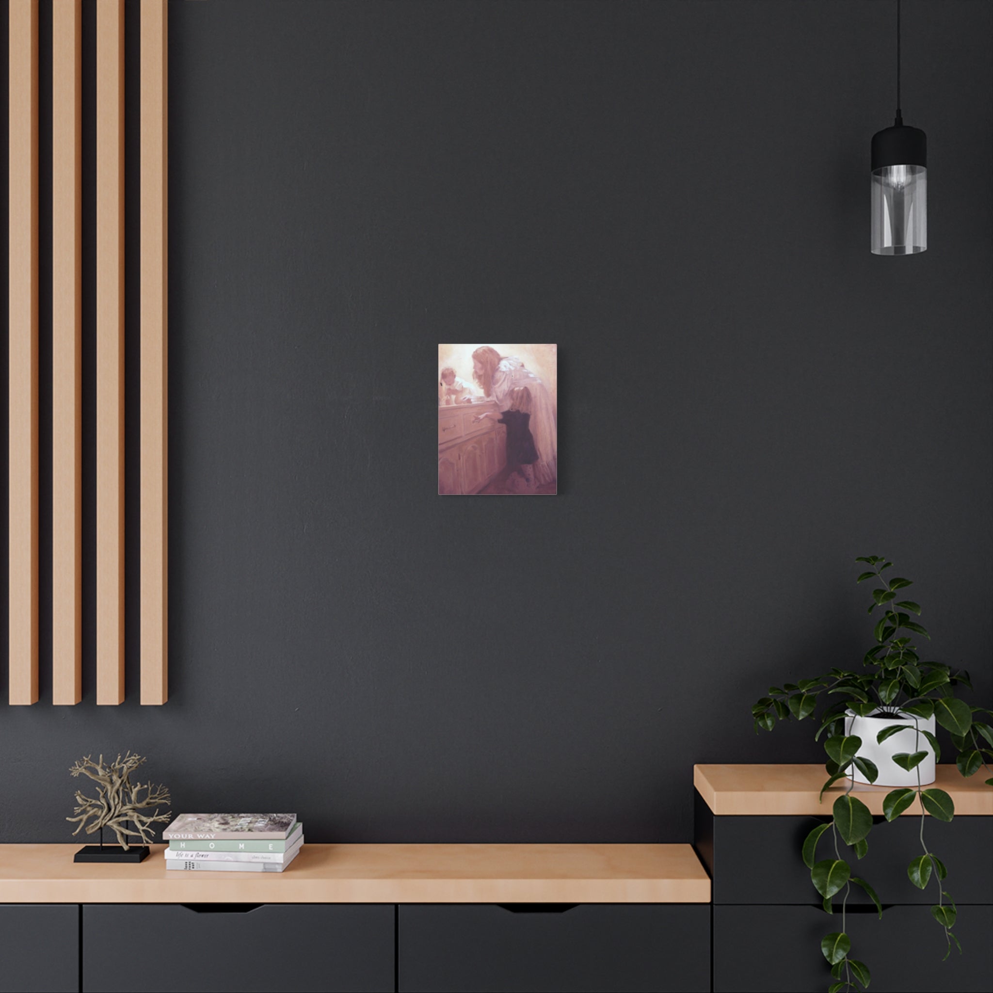 "Before Breakfast"   Mother and Children Matte Stretched Canvas Wall Art - Soft Nursery Print