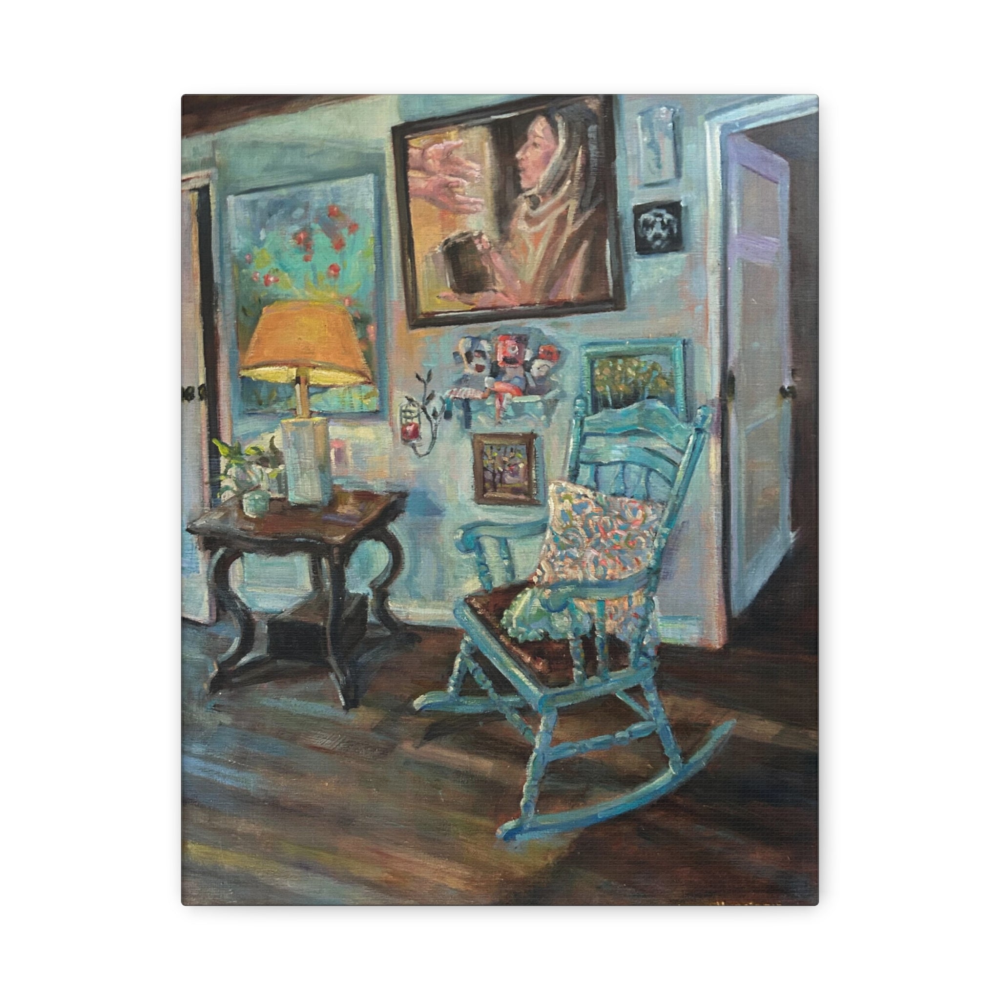 "When One Door Closes"    Cozy Blue Rocking Chair Matte Stretched Canvas