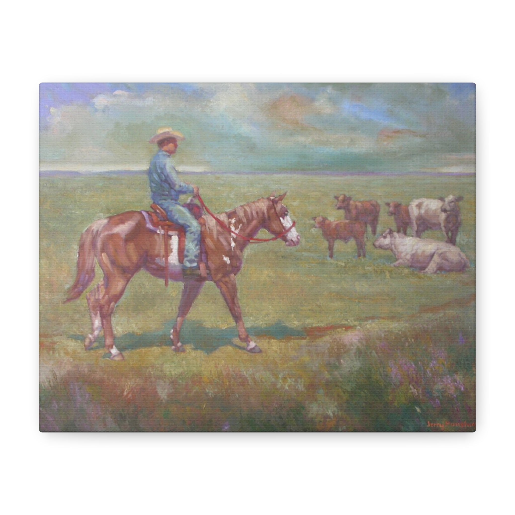 "Fresh Paint"         Cowboy on Horseback Canvas Wall Art — Ranch Pastoral Landscape