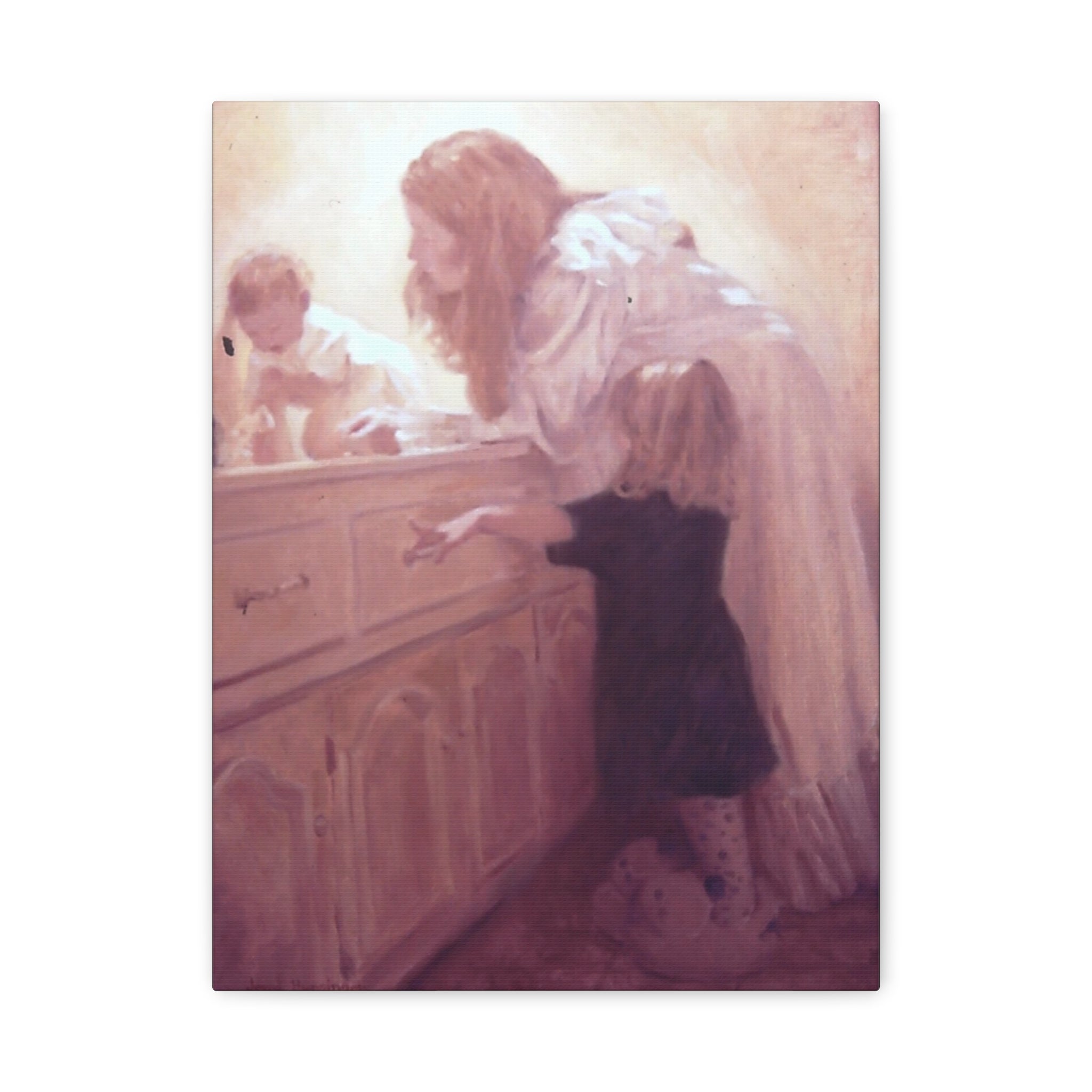 "Before Breakfast"   Mother and Children Matte Stretched Canvas Wall Art - Soft Nursery Print